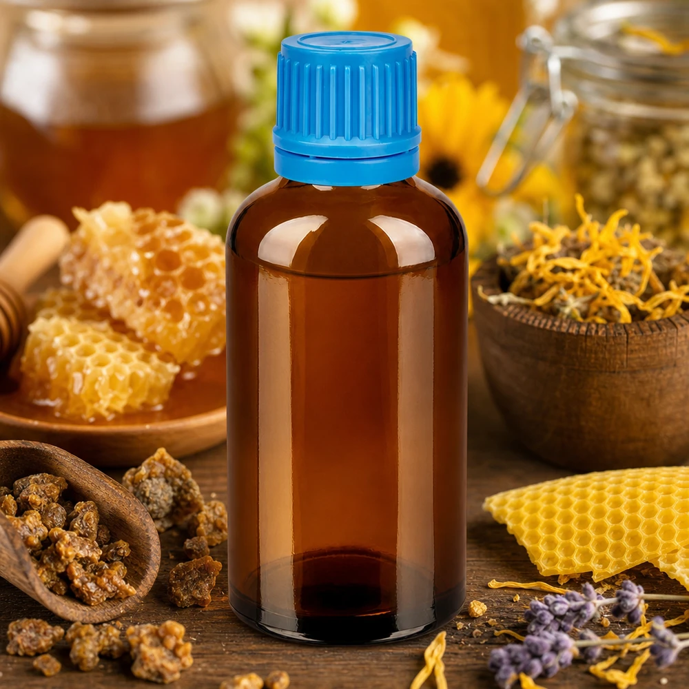 Flacon 50ml 11mm SV bleu OV BrownLine UT18/50 Flacon en verre médical de 50 ml avec verre brun anti-lumière et bouchon ergonomique bleu