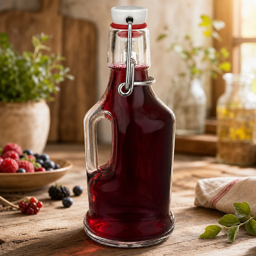Bouteille en verre 200 ml « Bertha » et bouchon à étrier en PVC UNiTWIST® Bouteille en verre Bertha 200ml remplie de jus de baies rouges, bouchon à étrier fermé, cuisine rustique avec baies