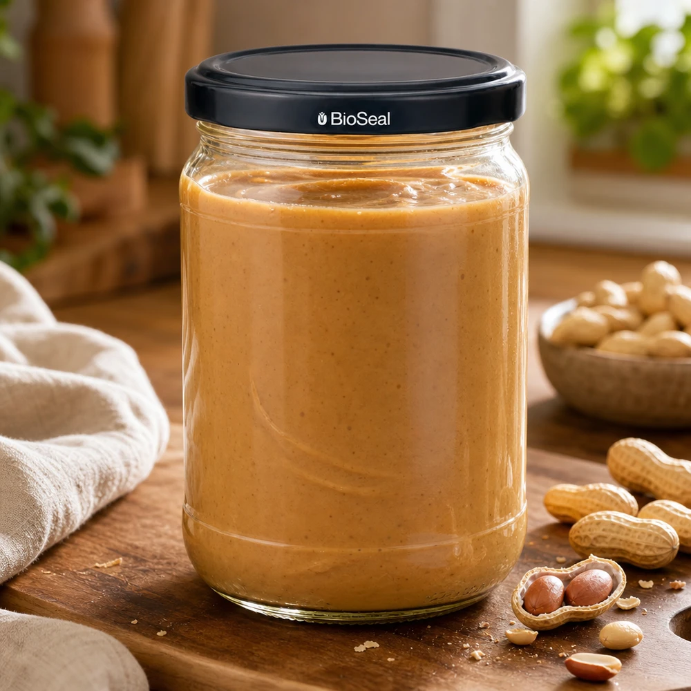 305ml Verre rond avec couvercle BioSeal noir UNiTWIST UNiTWIST Runda305 Pot rempli de beurre de cacahuètes avec couvercle BioSeal noir entouré de cacahuètes sur fond en bois