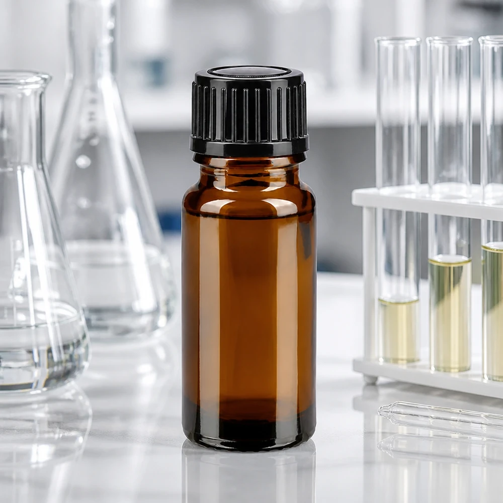 Flacon à pharmacie brun 10ml bouchon vissable noir std Flacon en verre brun de 10 ml avec bouchon à vis strié, entre le ballon d'Erlenmeyer et les tubes à essai