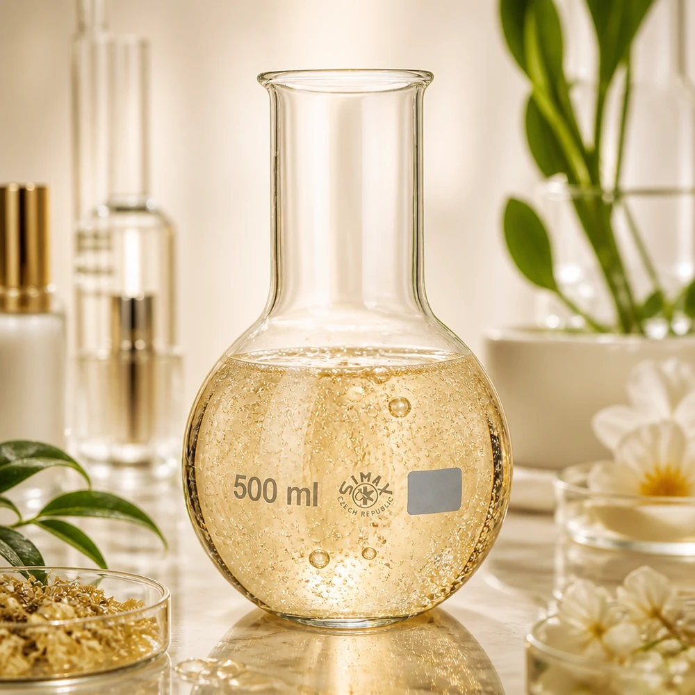Ballon à fond plat 500 ml à col large, en verre borosilicate avec bord renforcé Ballon à pied 500ml en ton miel chaud idéal pour les mises en scène atmosphériques de laboratoire