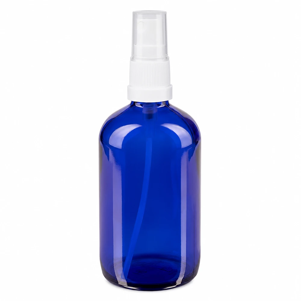 Flacon de pharmacie bleu 100ml embout spray blanc Flacon pulvérisateur STD de 100 ml bleu cobalt, en verre ApoGlas de haute qualité, avec pompe pulvérisatrice blanche transparente