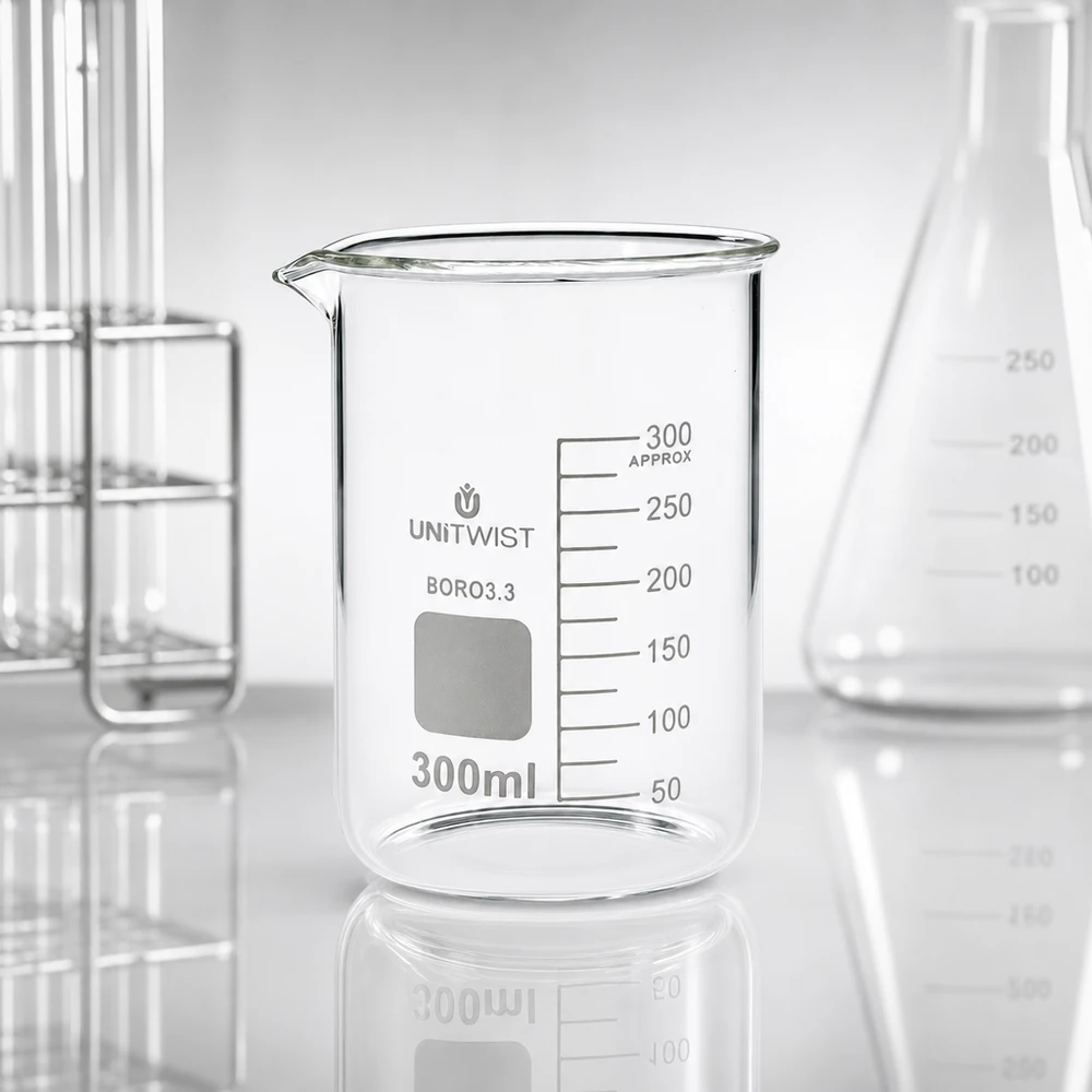 Bécher 300ml borosilicate, forme basse UNiTWIST Bécher de laboratoire UNiTWIST 300 ml en verre borosilicaté résistant à la chaleur, avec échelle graduée