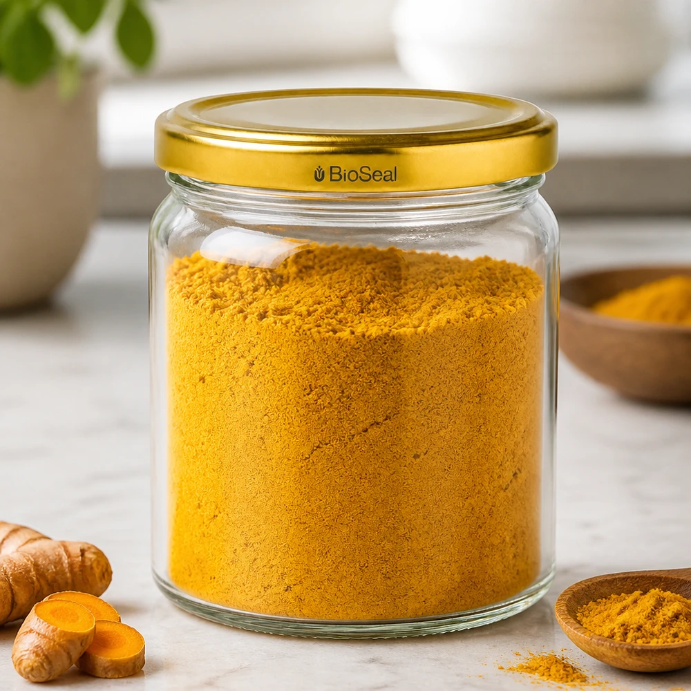 408ml Verre rond avec couvercle BioSeal or UNiTWIST UNiTWIS Runda408 Bocal de stockage avec couvercle TO82 doré rempli de poudre de curcuma à côté de racines de curcuma fraîches