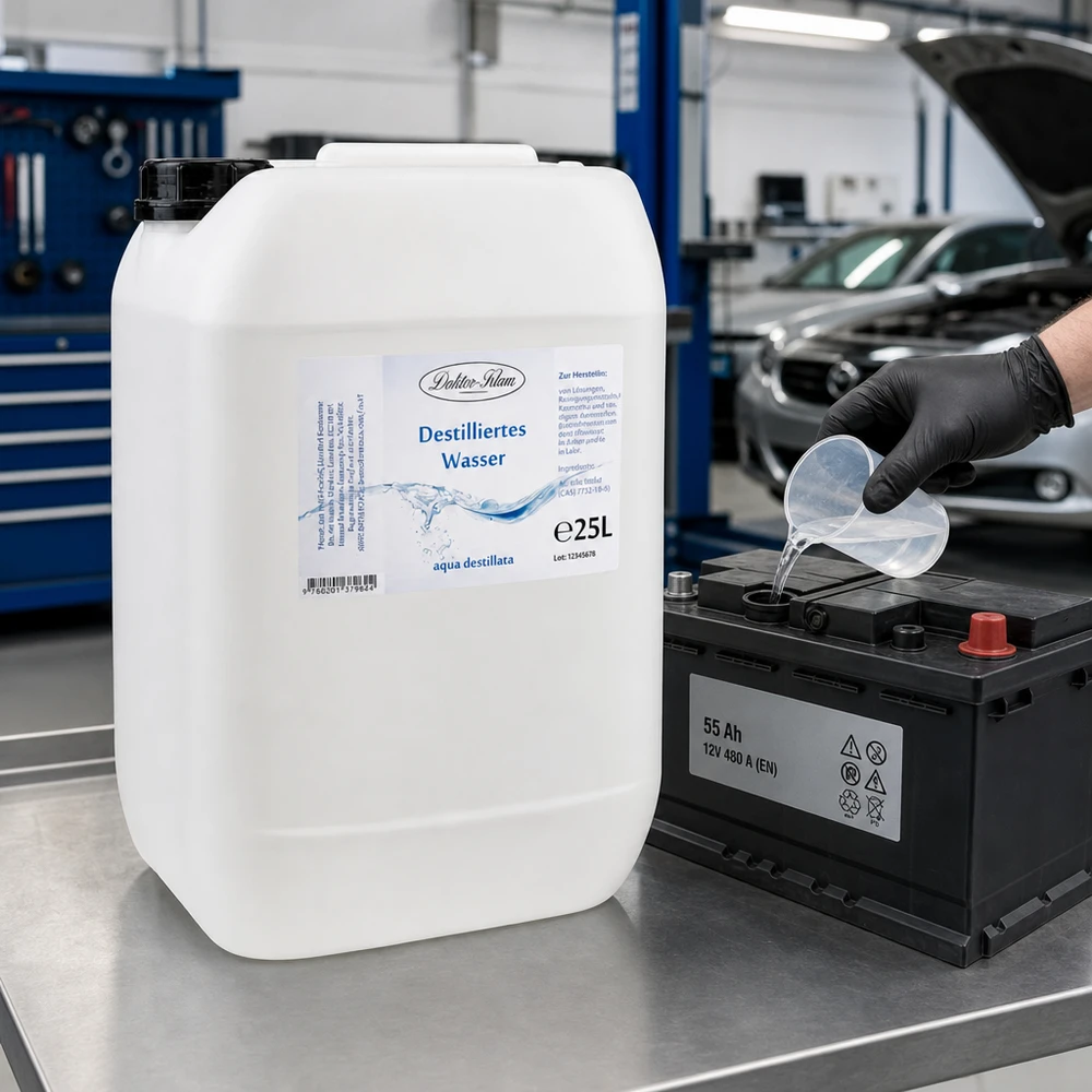 Eau distillée Doktor Klaus - Aqua dest 25 litres en jerrican premium teinte naturelle Doktor-Klaus 25L d'eau distillée est utilisé dans les garages pour l'entretien des batteries et des véhicules.