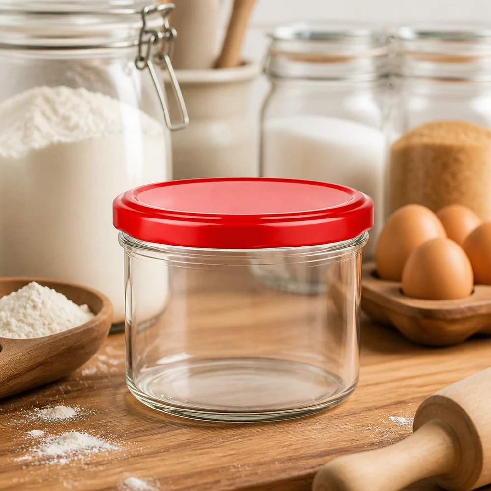 230ml Verre cylindrique avec couvercle BasicSeal rouge UNiTWIST Pot cylindrique de 230ml avec couvercle rouge BasicSeal dans la cuisine avec des œufs de la farine et des boîtes en verre pour les ingrédients de cuisson
