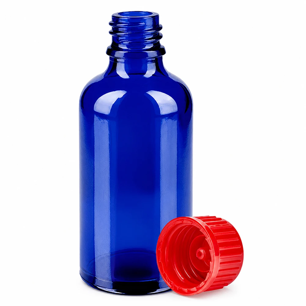Flacon de 50ml 11mm SV rouge STD BlueLine UT18/50 Bouteille en verre professionnelle de 50 ml d'un bleu cobalt élégant, idéale pour les fournitures de laboratoire et les solutions chimiques.