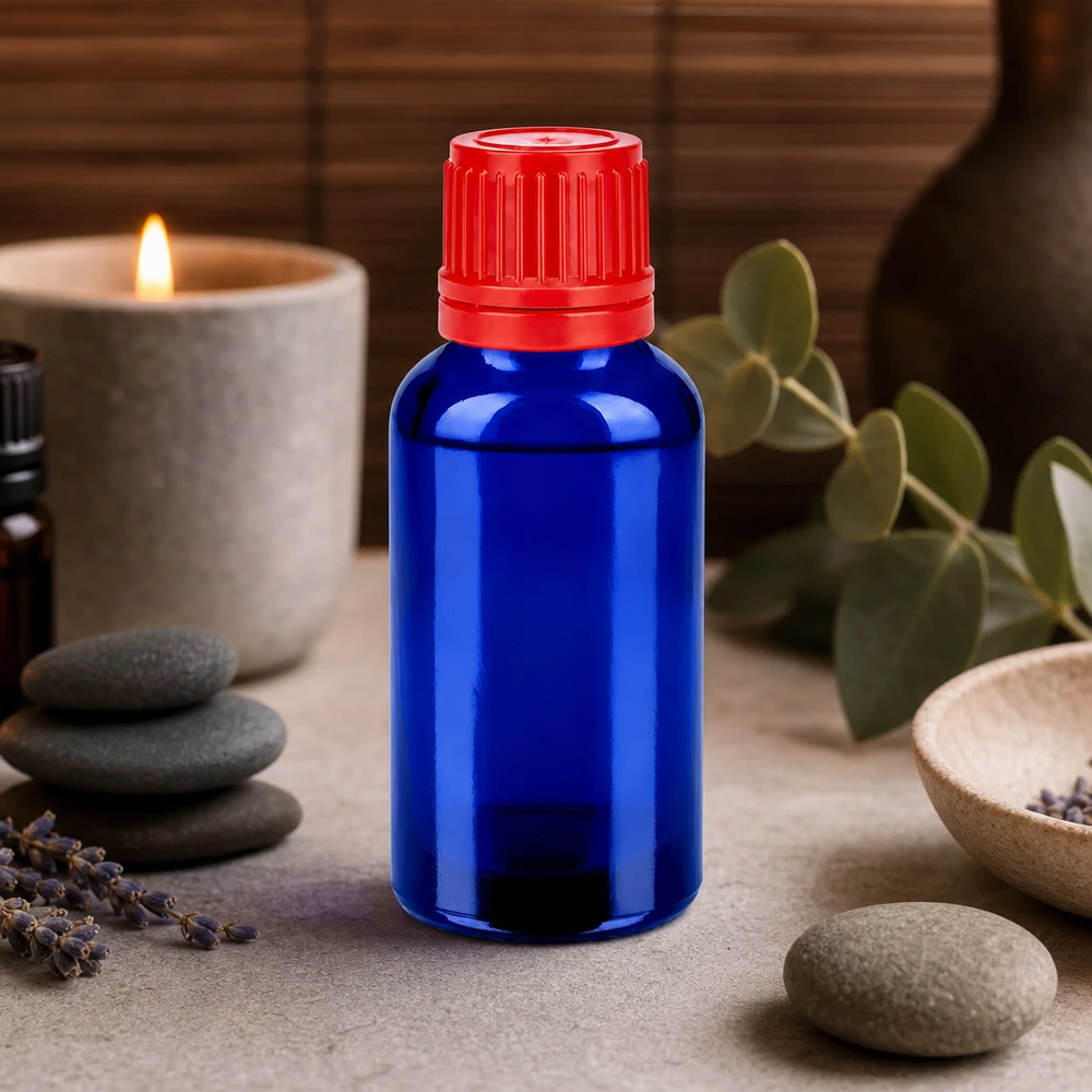 Flacon 30ml 11mm SV rouge OV BlueLine UT18/30 Flacon de 30 ml protégé de la lumière en verre bleu spécial pour les substances sensibles à la lumière