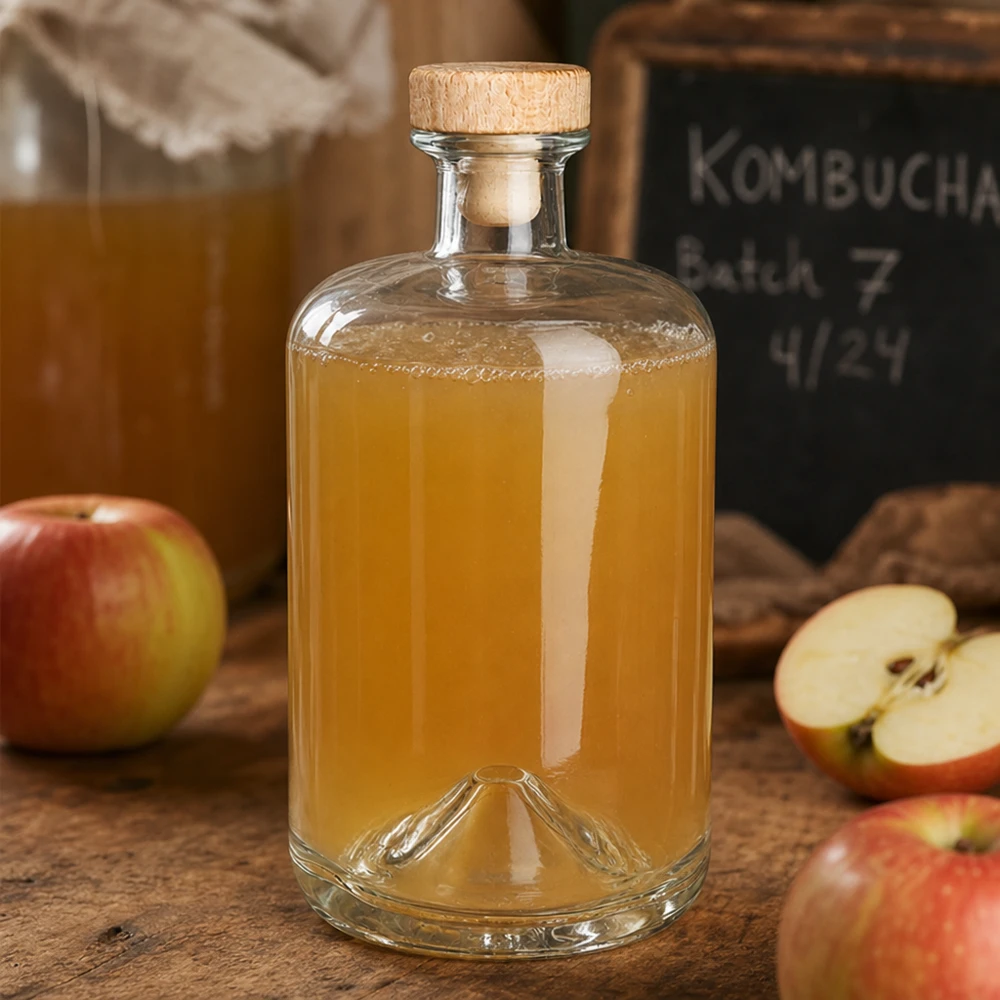 Bouteille en verre Sofia de 700 ml avec bouchon en bois remplie de jus de pomme à côté de pommes fraîches et d'une tablette de kombucha