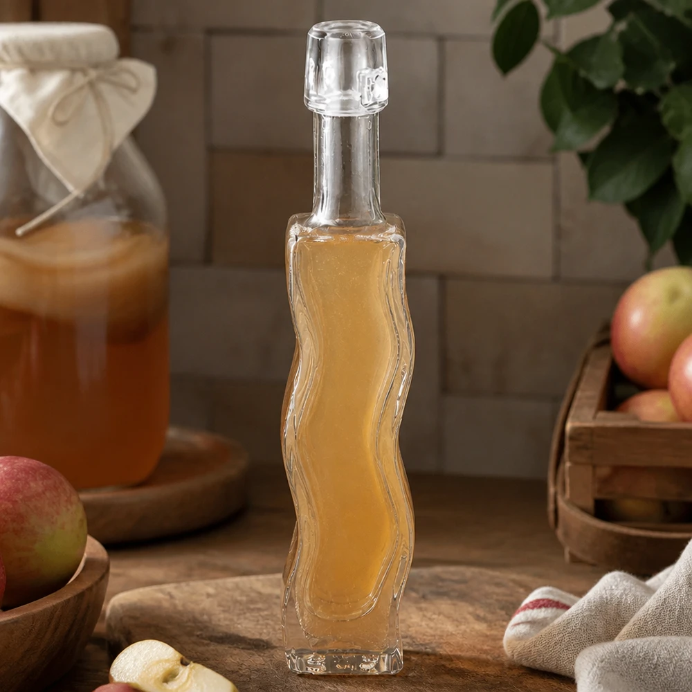 40ml Bouteille en verre Anna remplie de vinaigre de cidre cuisine rustique planche en bois pommes fraîches ingrédients naturels vinaigrette