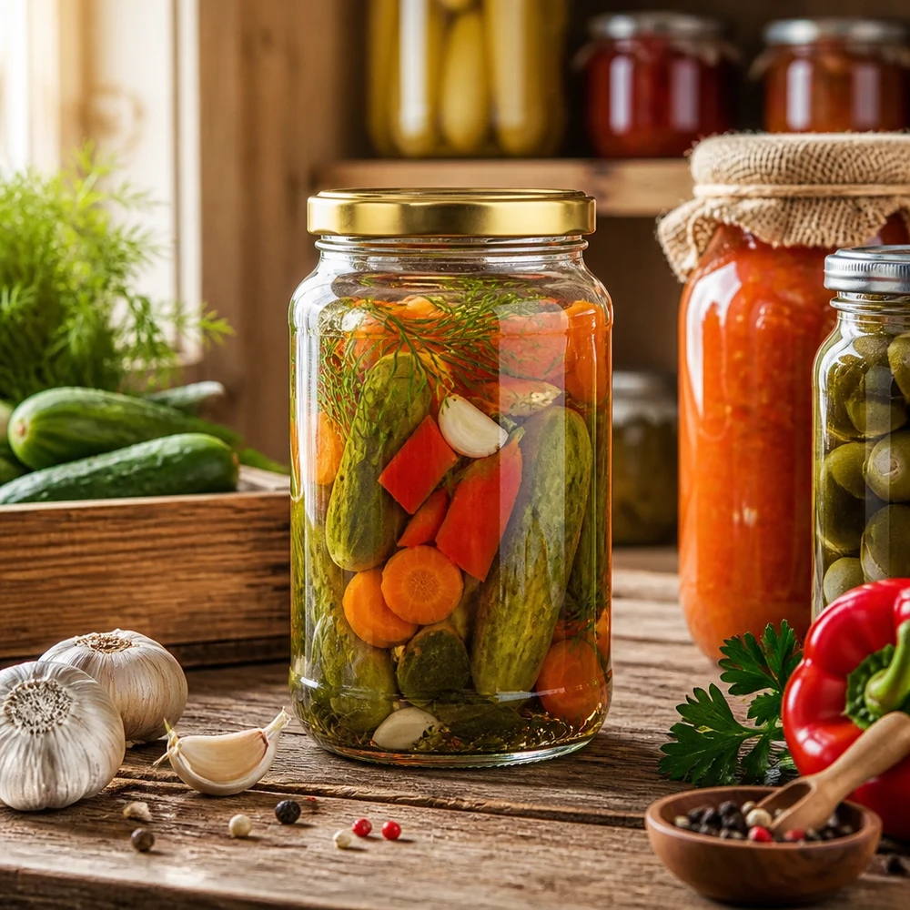 1700ml Verre rond avec couvercle BasicSeal or UNiTWIST 1700ml bocal rond BasicSeal or lors de la mise en conserve de légumes - bocal pour cornichons poivrons et mixed pickles