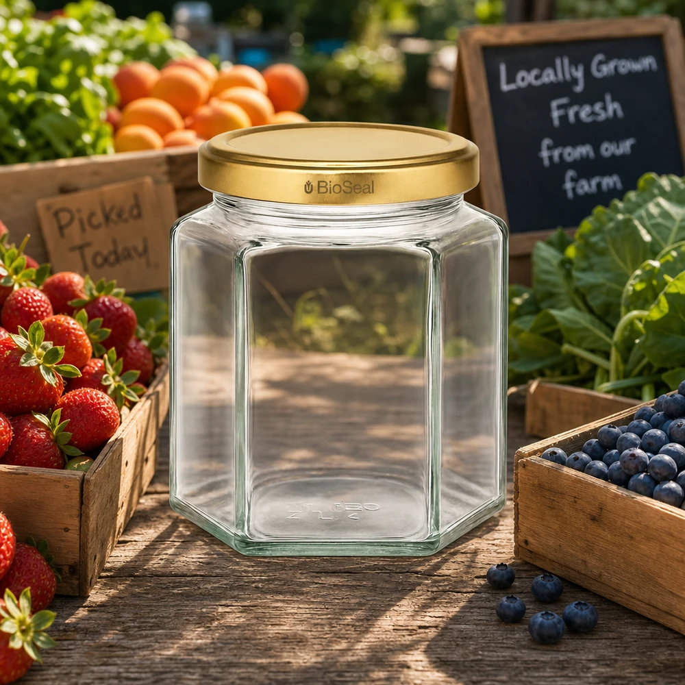 390ml Verre hexagonal avec couvercle BioSeal or UNiTWIST UNiTWIST Hexa390 Bocal en verre vide avec couvercle BioSeal doré sur marché fermier parmi les fruits et légumes frais