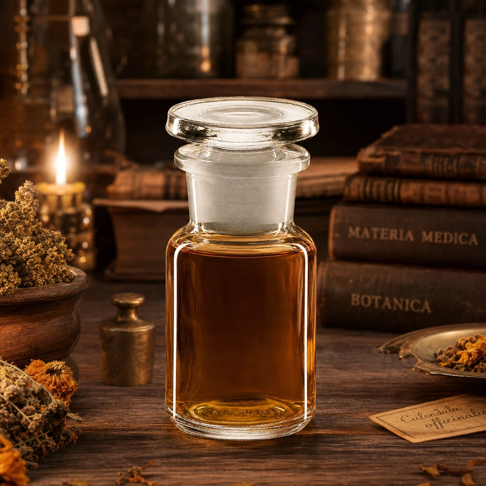 Flacon pharmaceutique 50 ml col large + bouchon verre clair Flacon de pharmacie ancien de 50 ml à épaulement arrondi, muni d'un bouchon en verre et contenant une teinture de Calendula officinalis