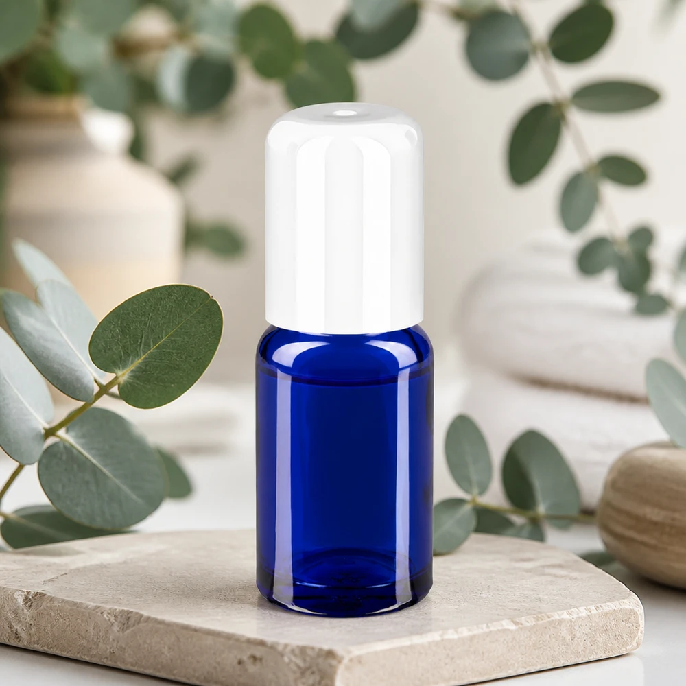 Flacon roll-on 10ml blanc STD BlueLine UT18/10 Petit flacon en verre bleu de 10 ml avec bouchon roll-on hygiénique pour les déplacements
