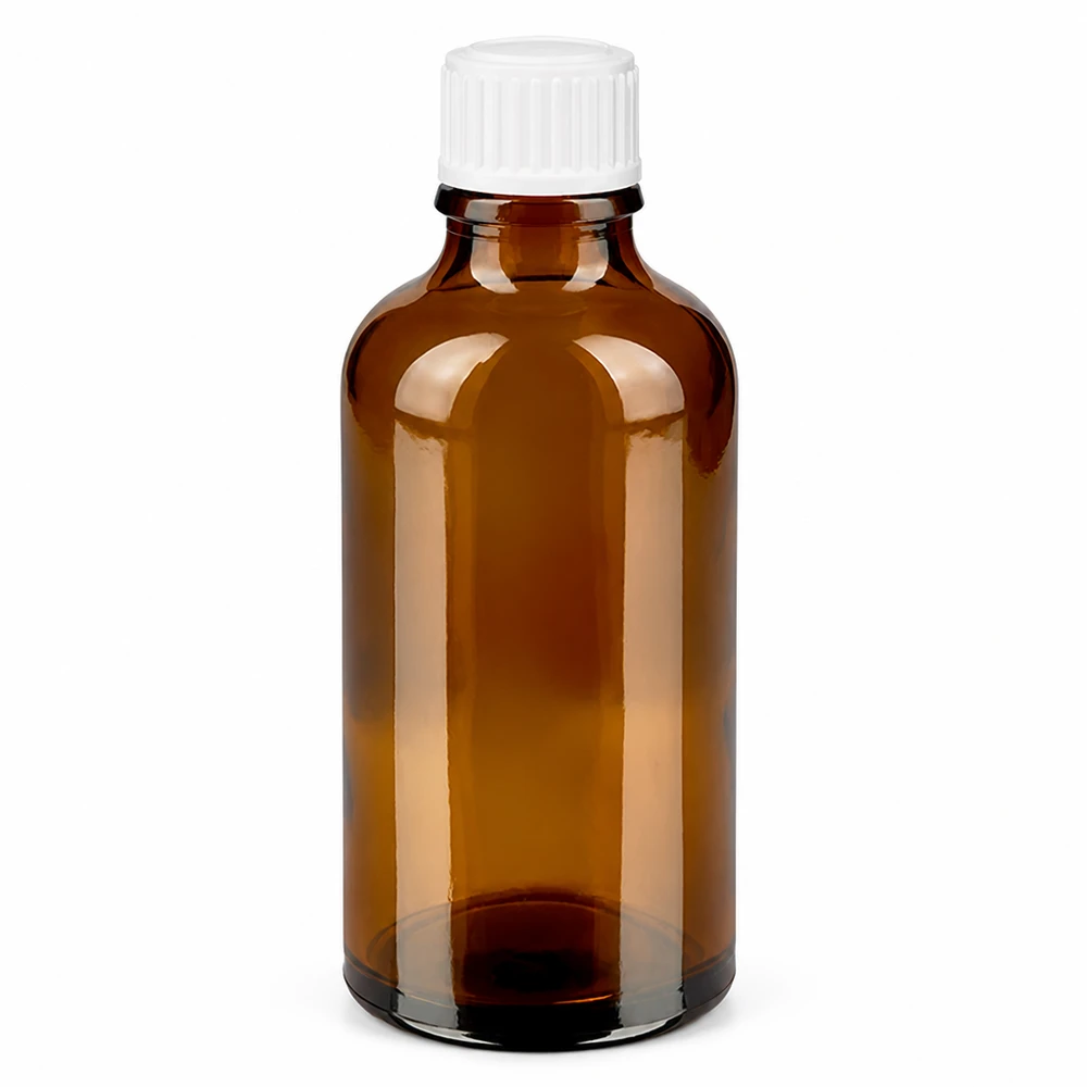 Flacon en verre brun de 50 ml muni d'un bouchon de sécurité blanc pour enfants, destiné aux gouttes et aux teintures