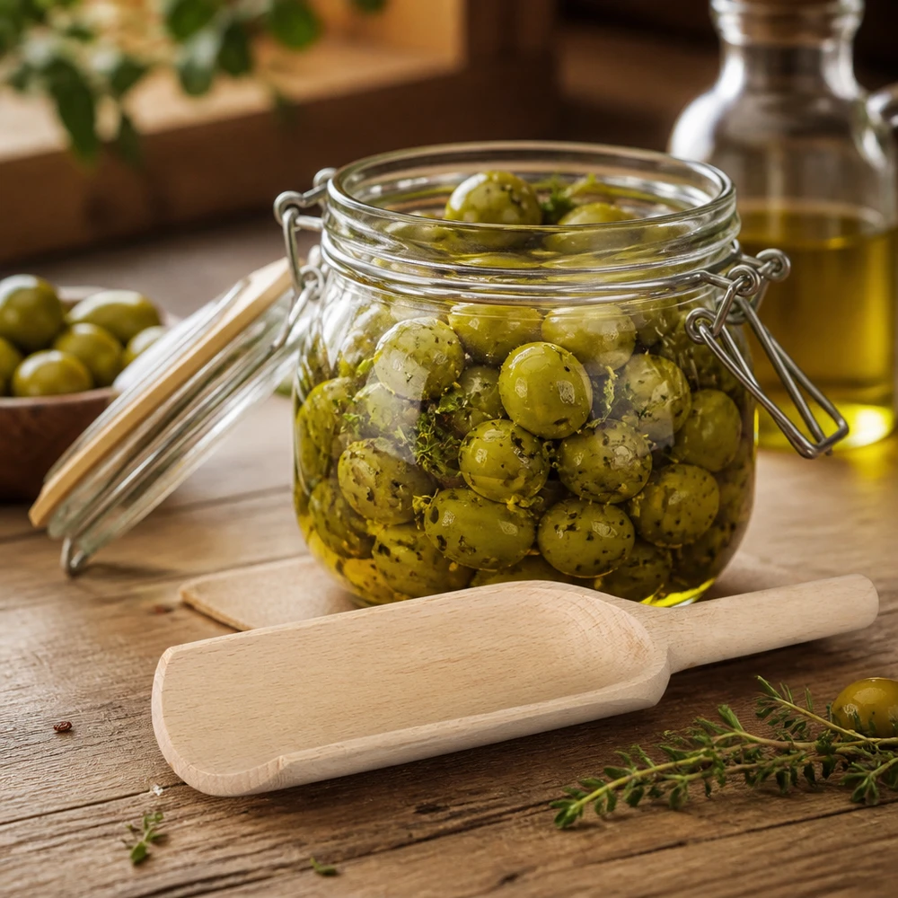 Pelle en bois taille L forme plate - 180mm de long Pelle en bois L 18cm plate à côté d'un bocal d'olives marinées herbes et huile d'olive scène de cuisine méditerranéenne