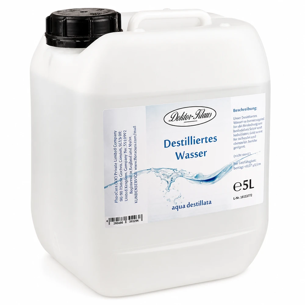 Eau distillée Doktor Klaus - Aqua dest 5 litres en jerrican premium teinte naturelle 5L d'eau distillée Docteur-Klaus en bidon plastique blanc avec bouchon à vis noir