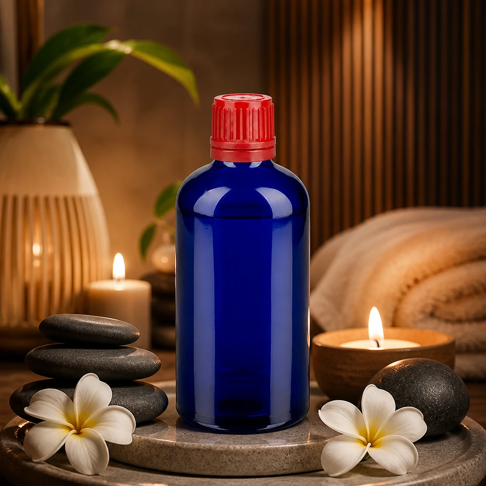 Flacon 100ml 11mm SV rouge OV BlueLine UT18/100 Petit flacon en verre bleu de 100 ml avec col étroit de 11 mm pour un dosage et une conservation précis