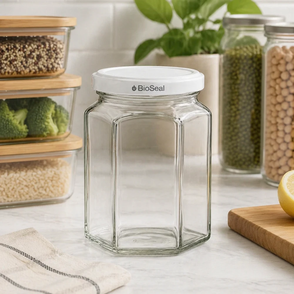 288ml Verre hexagonal avec couvercle BioSeal blanc UNiTWIST UNiTWIST Hexa288 pot en verre vide avec couvercle blanc TO63 BioSeal dans une cuisine moderne entre les récipients de stockage