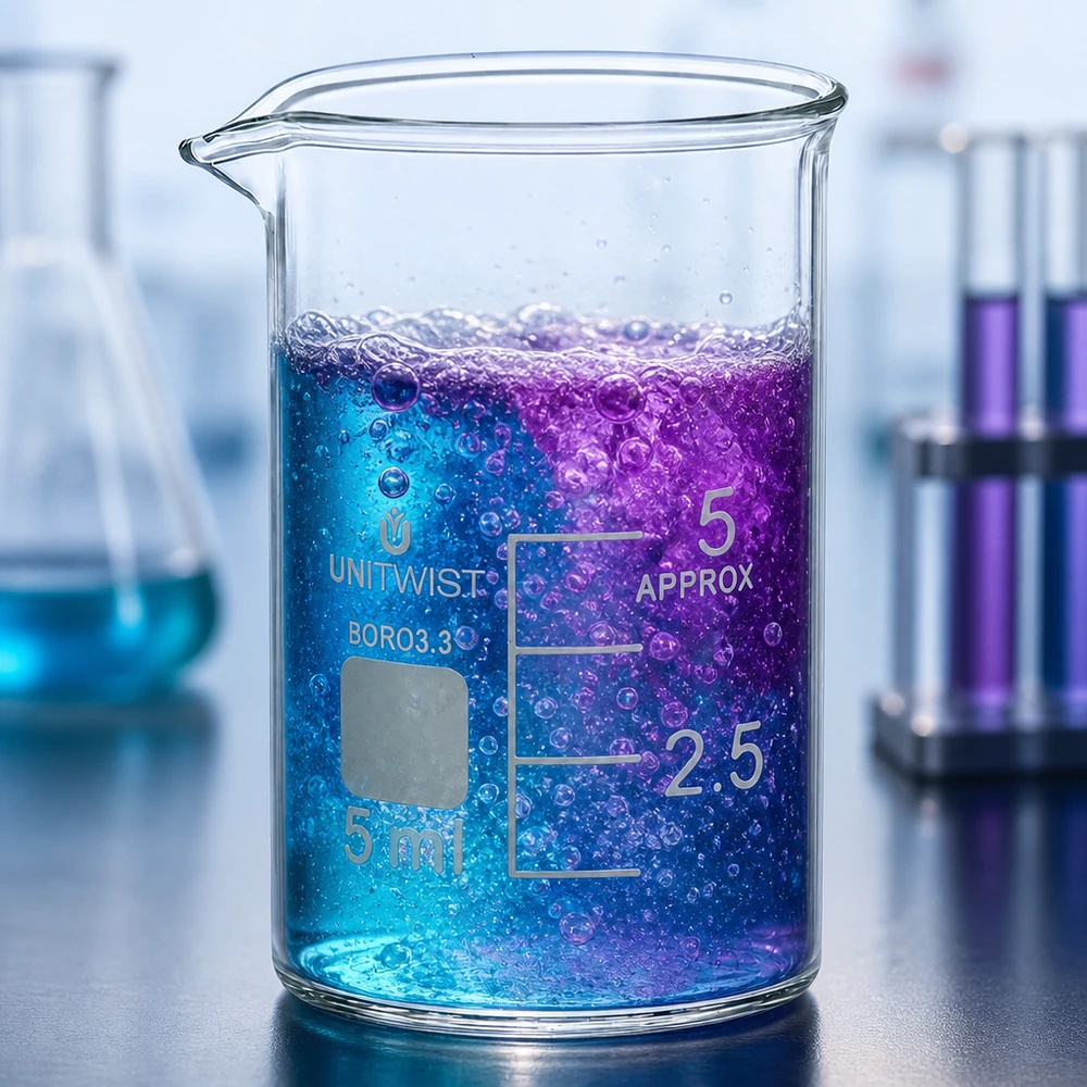 Bécher 5ml borosilicate, forme basse UNiTWIST Récipient de laboratoire en verre transparent de 5 ml en BORO3.3 contenant un liquide mousseux bleu-violet et muni d'un bec verseur