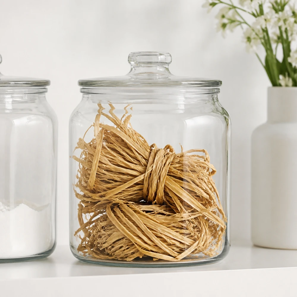 Ficelle naturelle pour la décoration, 30 g Raphia naturel 30g dans une boîte en verre avec couvercle, conservé à côté de bocaux blancs pour une organisation ordonnée du matériel de bricolage.