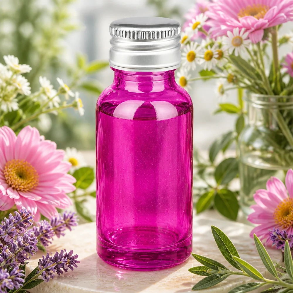 Flacon 20ml bouchon à vis 11mm alu-argent standard PurpleLine.UT18/20 Elégant flacon violet de 20 ml avec surface en verre mat et bouchon professionnel en aluminium