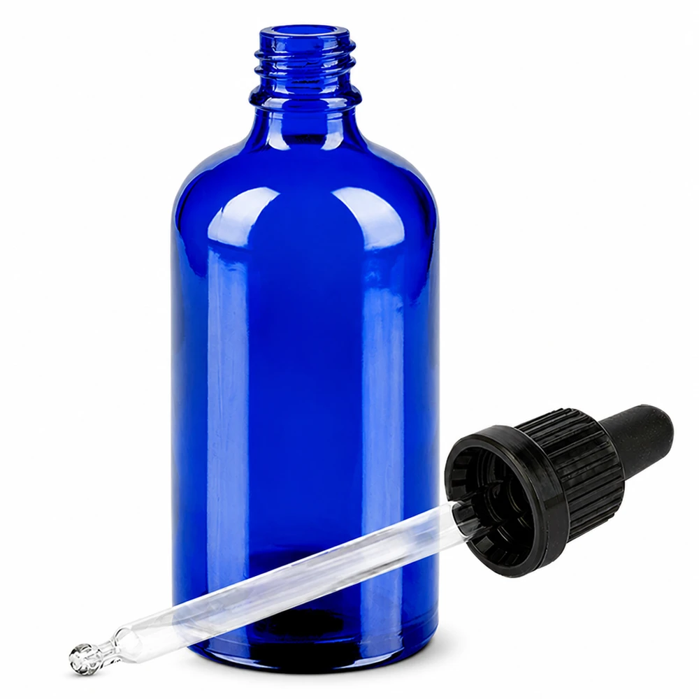 Flacon à pipette 100ml noir OV BlueLine UT18/100 Flacon de pharmacie de 100ml en verre bleu avec pipette noire pour la protection contre les UV