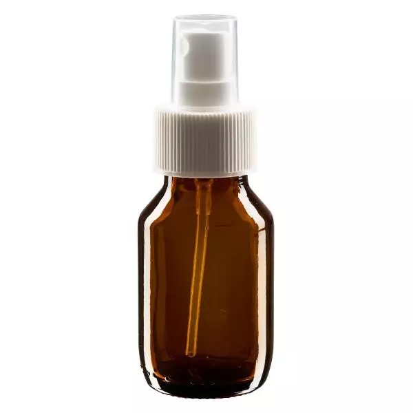 Flacon médical norme européenne de 50 ml avec spray blanc GCMI 28/410 et couvercle transparent, standard Flacon médical norme européenne de 50 ml avec spray blanc GCMI 28/410 et couvercle transparent, standard