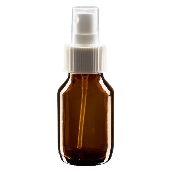 Flacon médical norme européenne de 50 ml avec spray blanc GCMI 28/410 et couvercle transparent, standard Flacon médical norme européenne de 50 ml avec spray blanc GCMI 28/410 et couvercle transparent, standard