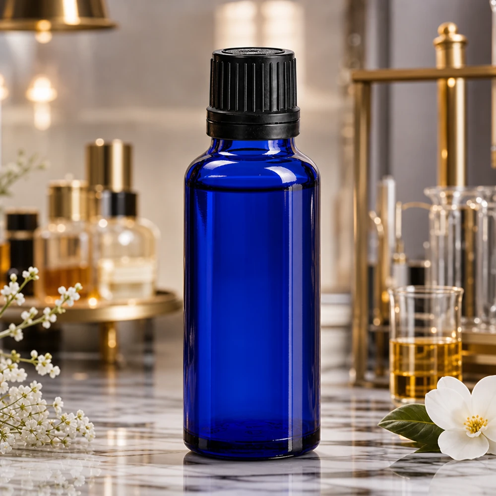 Flacon en verre bleu de 30 ml muni d'un bouchon d'inviolabilité de 8 mm, entre des fleurs de jasmin et des flacons de parfum