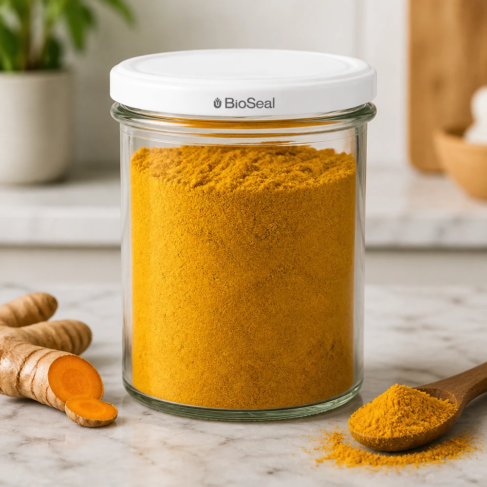 350ml Verre conique avec couvercle BioSeal blanc UNiTWIST Le bocal UNiTWIST Sturz350 rempli de poudre de curcuma démontre la conservation hermétique des épices grâce au couvercle TO82 BioSeal