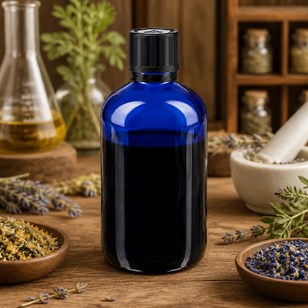 Flacon de pharmacie bleu 100ml bouchon inviolable 1mm noir sécurité enfant adapté aux aveugles bouchon inviolabilité Flacon de pharmacie bleu de 100 ml avec un goulot de 1 mm et un bouchon d'origine, pour huiles essentielles et teintures