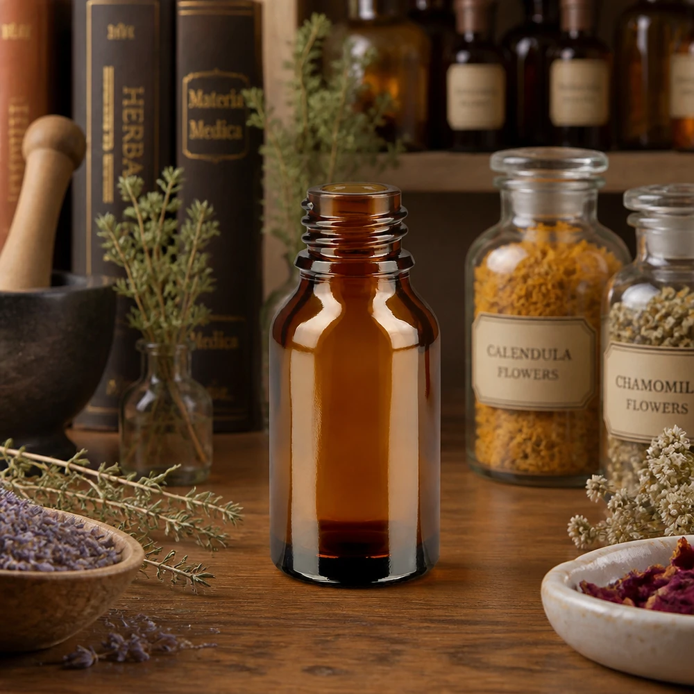 Flacon compte-gouttes pour pharmacie 30 ml DIN18 - verre brun Bouteille de pharmacie brune 30ml forme haute ApoGlas pharmacie à base de plantes médicinales séchées camomille lavande livres