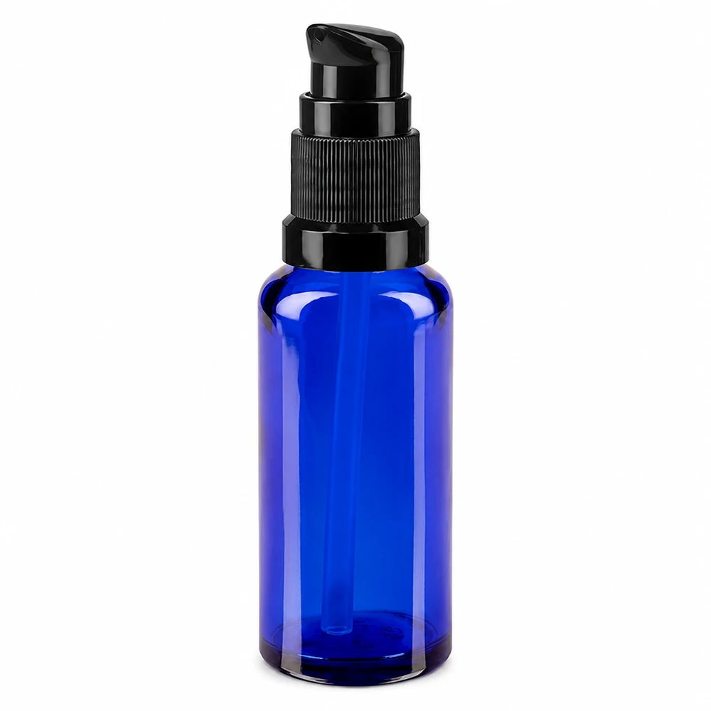 Flacon de pharmacie bleu en verre de 30 ml avec pompe distributrice noire STD