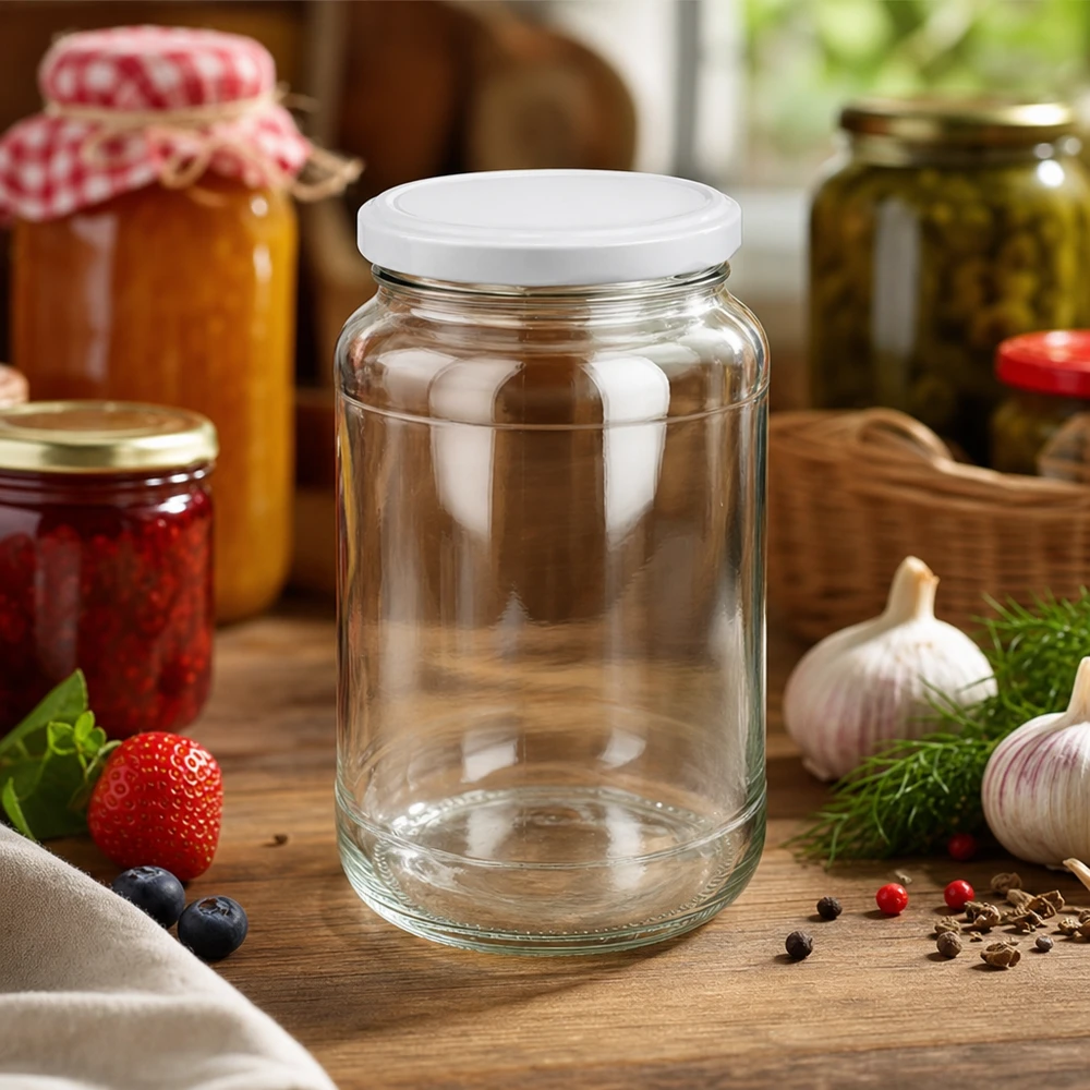 1700ml Verre rond avec couvercle BasicSeal blanc UNiTWIST Bocal rond de 1700ml vide avec couvercle blanc BasicSeal dans la cuisine entre les pots de confiture et les ingrédients frais
