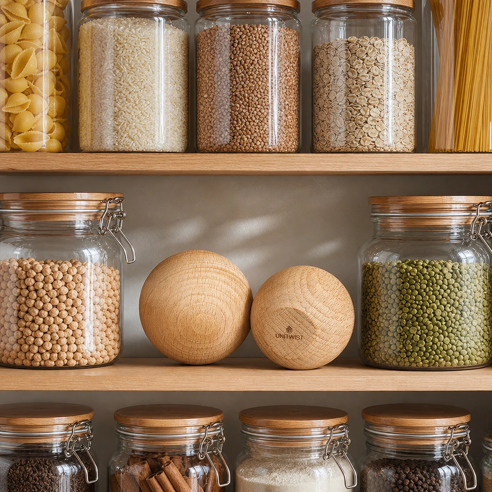 UNiTWIST Sphère en bois (hêtre) pour WECK RR60 UNiTWIST Sphère en bois hêtre WECK RR60 dans cuisine à provisions organisée avec bocaux de conservation Légumes secs Céréales Pâtes
