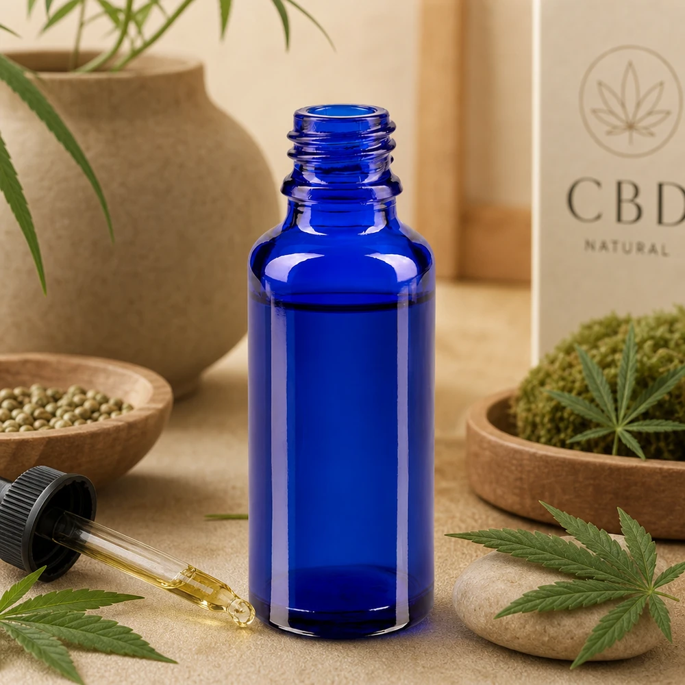 Flacon compte-gouttes ApoGlas de 30 ml, bleu cobalt, pour huiles naturelles de CBD, avec pipette et graines de chanvre