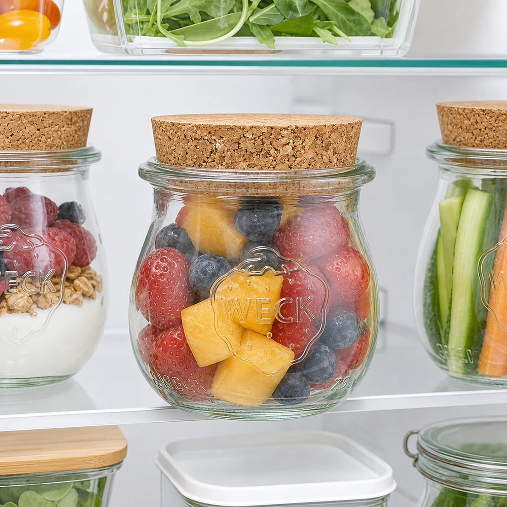 75ml bocal tulipe WECK RR40 avec bouchon nature WECK Pot tulipe 75ml RR40 avec bouchon dans le réfrigérateur rempli de baies fraîches pour la conservation Meal Prep