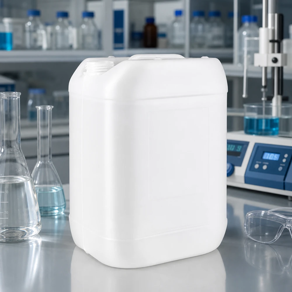 Bidon rectangulaire de 25 litres sans couvercle, de couleur blanche, muni d'une poignée de transport, destiné à un usage industriel