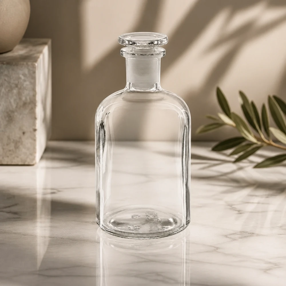 Flacon pharmaceutique 250 ml col étroit en verre clair + bouchon Bouteille en verre transparent à col étroit de 250 ml avec bouchon, pour la conservation de liquides