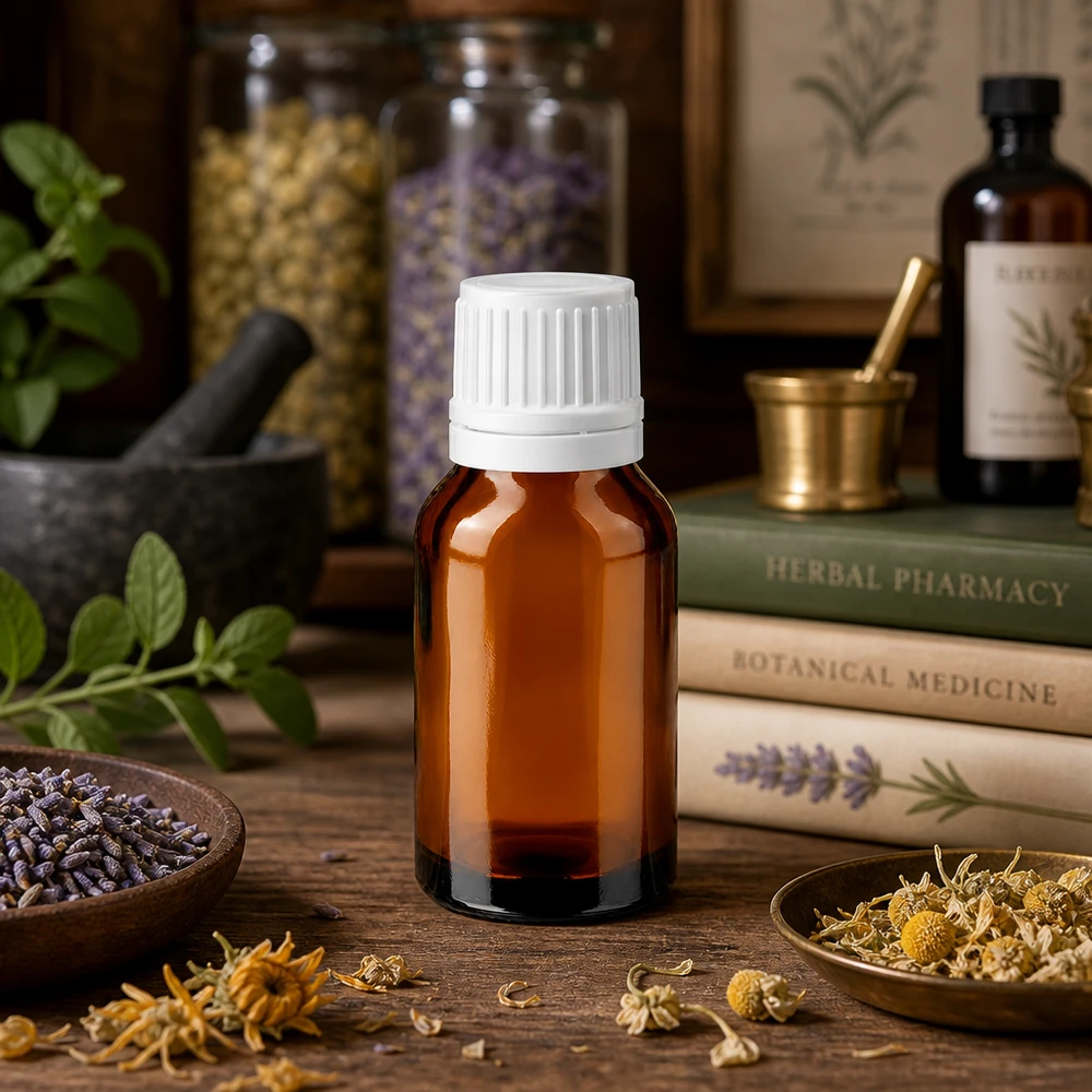 Petite bouteille en verre brun de 30 ml avec bouchon OV, dans un décor naturel d'herboristerie