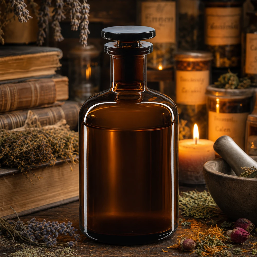 Flacon pharmaceutique 100 ml col étroit en verre ambré + bouchon Flacon pharmaceutique à épaulement arrondi, 100 ml, en verre ambré, à col étroit, avec bouchon en verre assorti