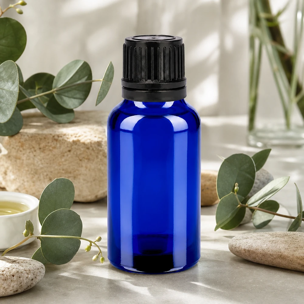 Flacon 20ml 11mm SV noir OV BlueLine UT18/20 Bouteille en verre bleu cobalt de 20 ml avec bouchon noir protège les huiles essentielles sensibles à la lumière