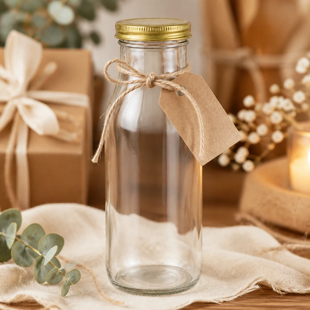 UNiTWIST Bottle263 als Geschenkidee mit Bastband und Etikett in festlicher Dekoration mit goldenen TO43 BioSeal Deckel