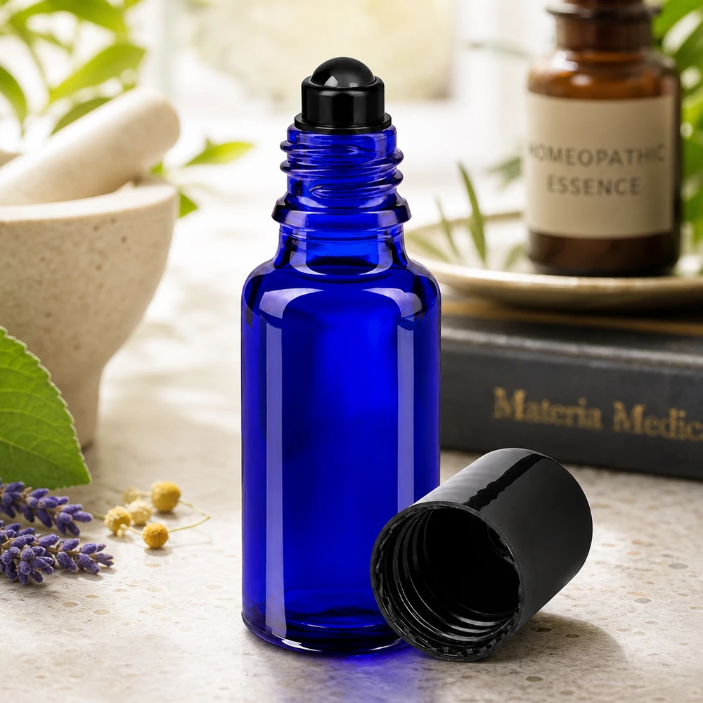 Flacon roll-on de 20 ml en verre d'apothicaire bleu, à côté d'un mortier et d'accessoires d'homéopathie