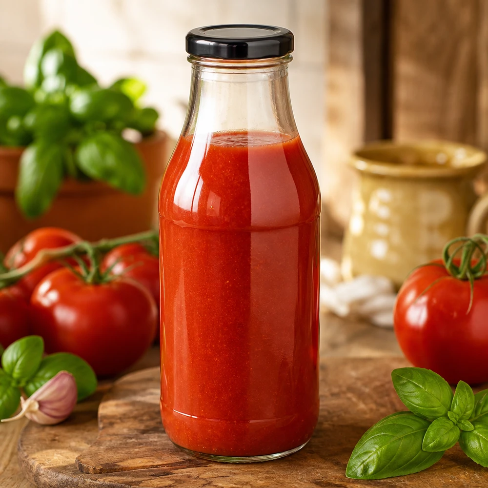 Bouteille en verre UNiTWIST de 330 ml contenant une sauce tomate rouge, présentée sur une planche en bois avec de l'ail et des herbes aromatiques