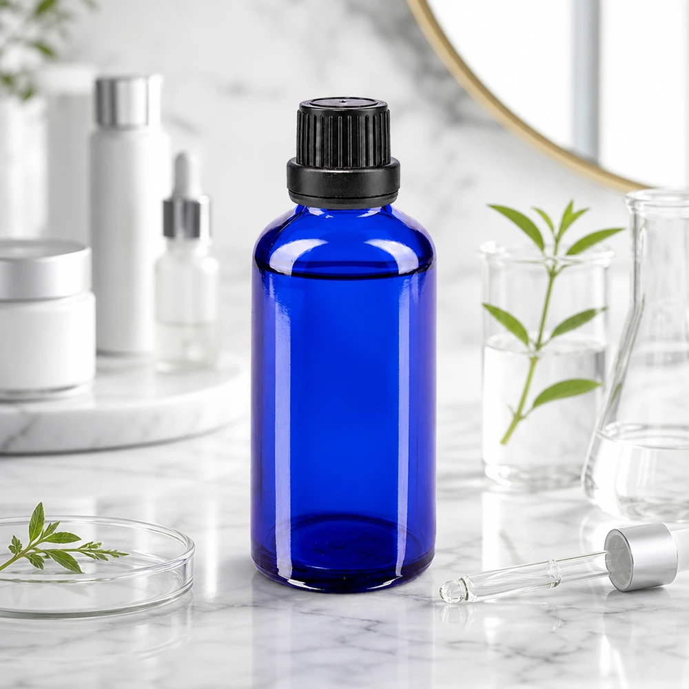Flacon de pharmacie bleu 50ml bouchon vissable noir bouchon inviolabilité Flacon de pharmacie bleu cobalt de 50 ml dans une salle de bains moderne, avec des produits de beauté