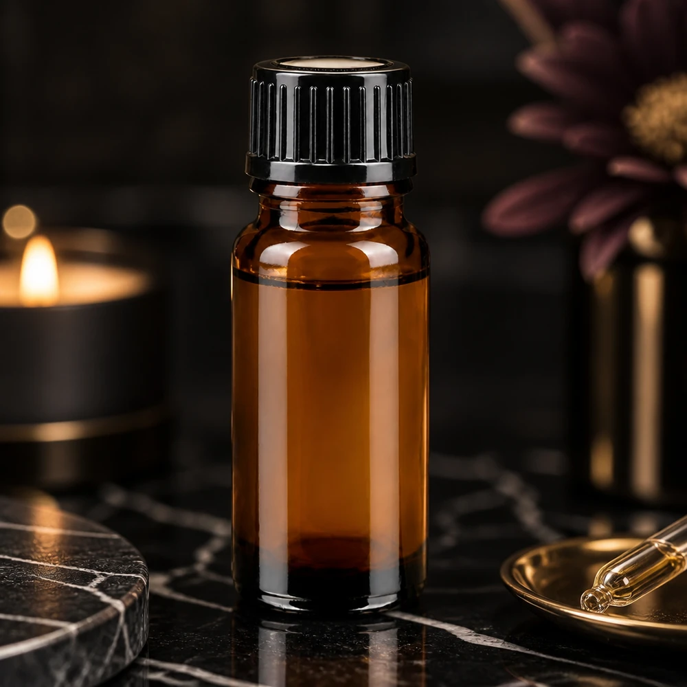 Flacon de pharmacie brun 10ml bouchon compte-gouttes 1mm noir standard Flacon compte-gouttes opaque de 10 ml, en verre ApoGlas brun avec bouchon STD, à côté d'une bougie et d'une fleur