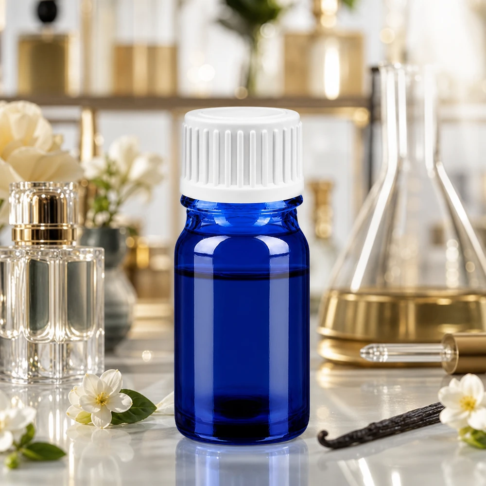 Flacon compte-goutte 5ml 0.9mm blanc STD BlueLine UT18/5 Flacon pharmaceutique en verre bleu de 5 ml avec compte-gouttes blanc pour un dosage précis des substances actives
