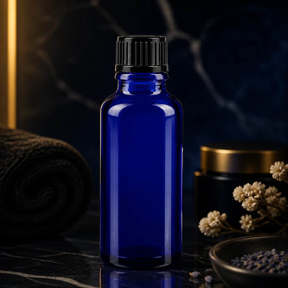 Flacon en verre de pharmacie STD de 30 ml, bleu cobalt, avec bouchon noir, pour huiles essentielles
